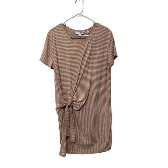 Vince Short Sleeve Scoop Neck Stripe Faux Wrap T-Shirt Dress Tan Size Medium - Picture 1 of 10